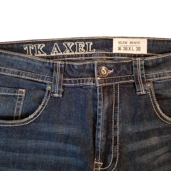 TK Axle 36x30 Actual 39x30 Slim Boot Jeans Blue Denim Pants Faded EATON Embroide - Picture 6 of 6